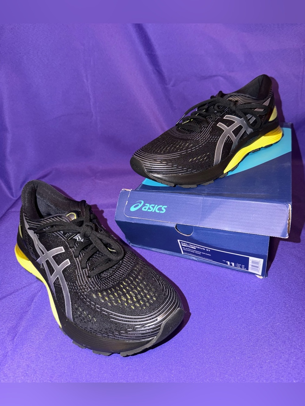 New ASICS Gel Nimbus 21 Men's Running Shoes in Black, Gray, & Yellow Size 11